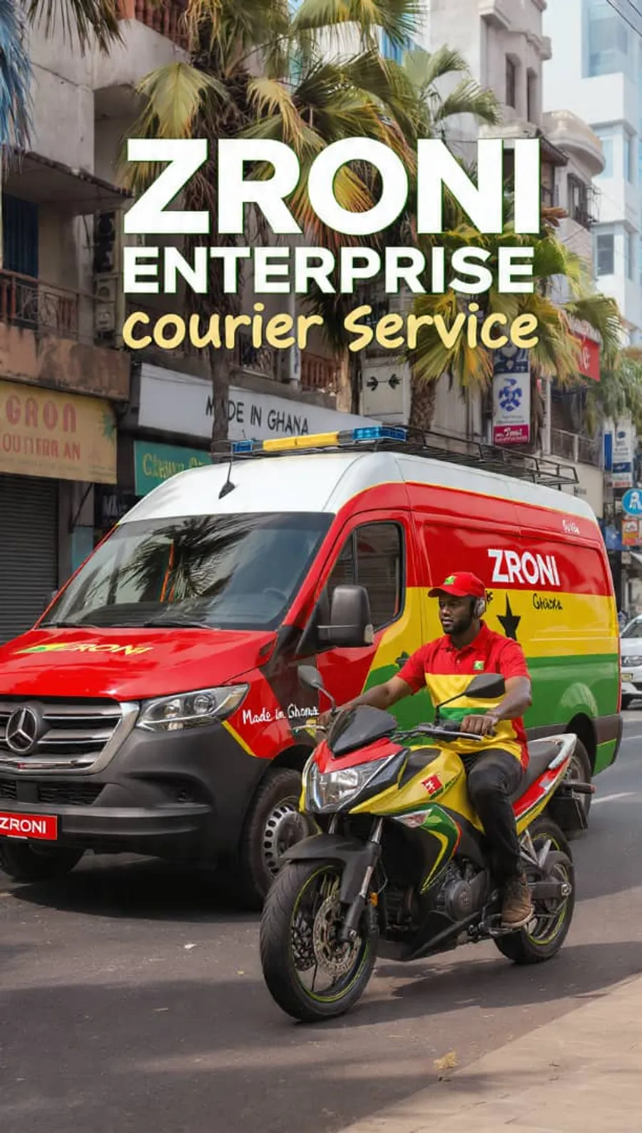 A Zroni Enterprise courier vehicle making deliveries in Ghana