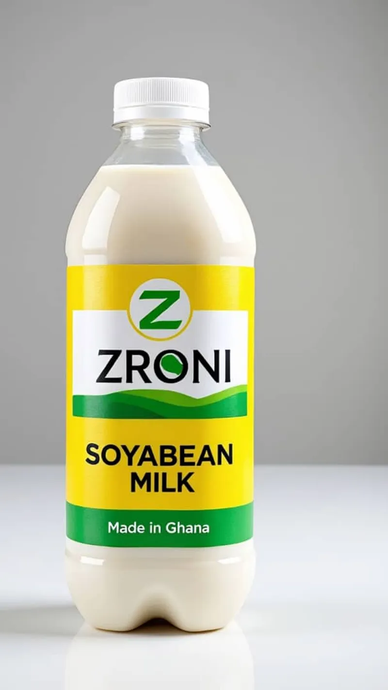 Bottle of Zroni soyabean milk made in Ghana