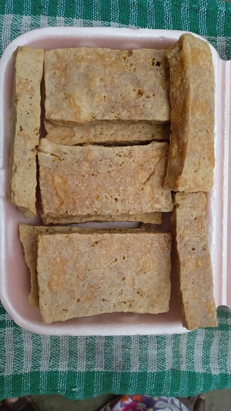 Slabs of fried soybean meat in a tray