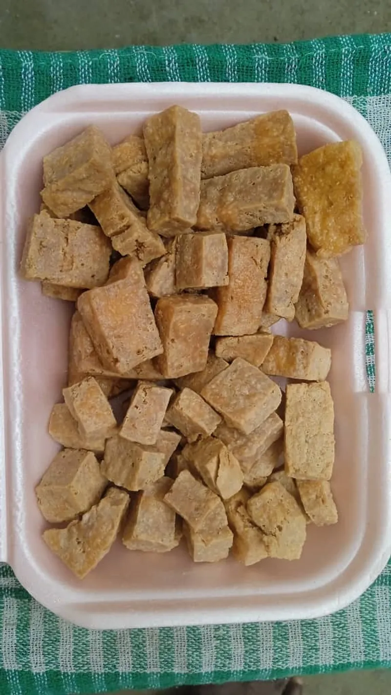 Fried soybean meat cubes in a tray