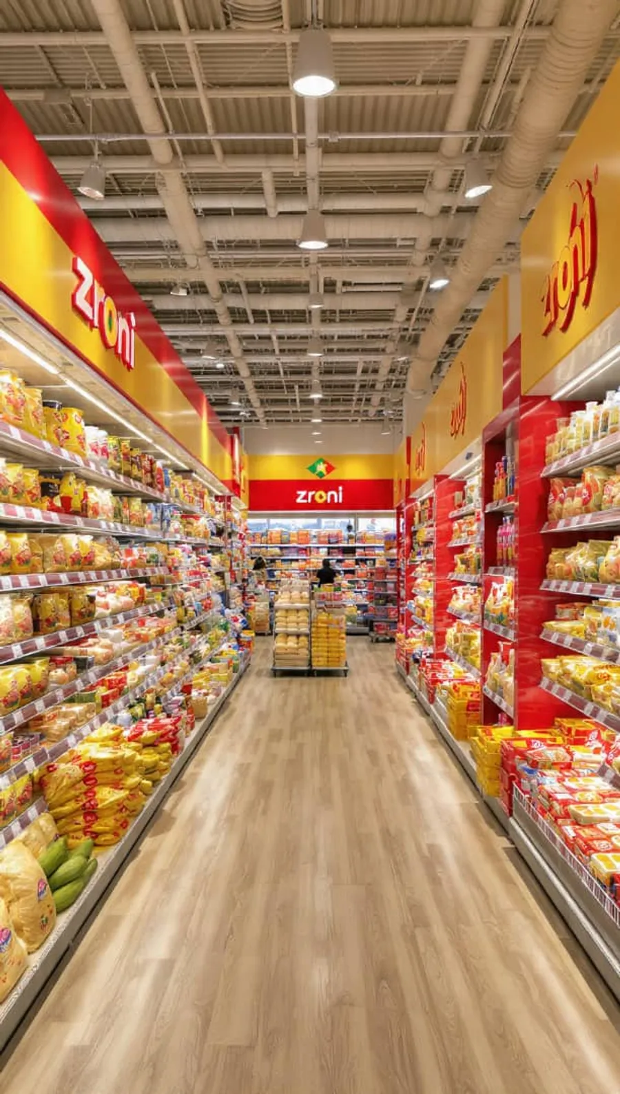 Grocery aisle stocked with Zroni Enterprise products in Ghana