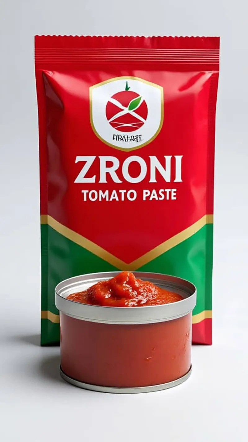 Zroni tomato paste pouch beside an open tin of paste